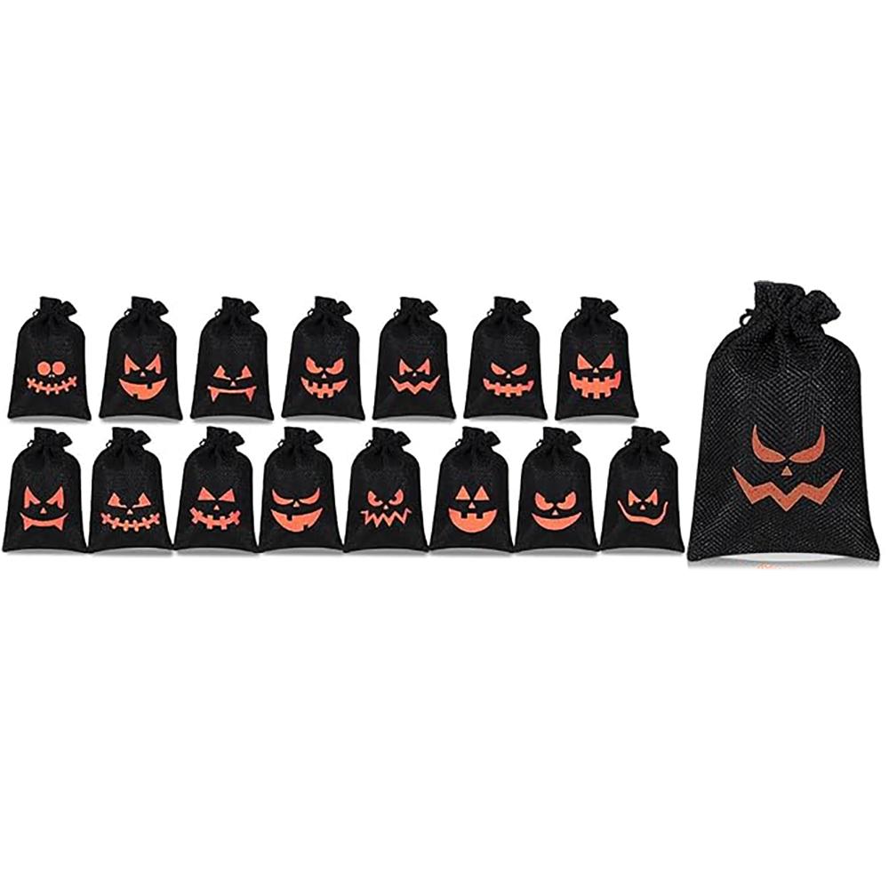 16pcs Pumpkin Burlap Candy Bags Spooky Drawstring Bag Trick or Treat Gifts for Kids Birthday Halloween Party Decoration Supplies