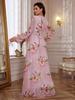 European Chiffon Print Slimming Lantern Sleeve Evening Dress