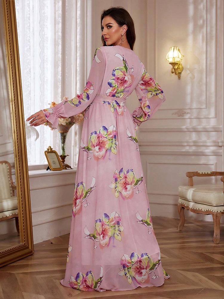 European Chiffon Print Slimming Lantern Sleeve Evening Dress
