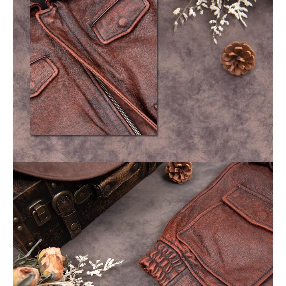 Chinese Size Brown Real Cowhide Hunting Leather Jacket Men Genuine Leather Coat Winter Pockets Jackets
