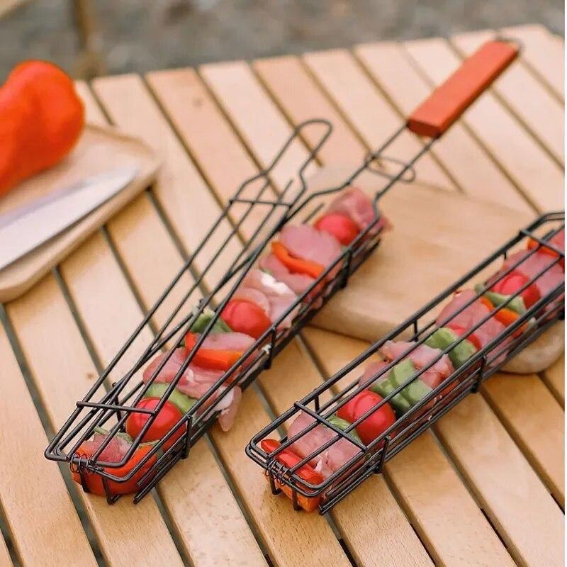 Outdoor Holzgriff Grill Käfig Camping Fleisch und Gemüse Grill Net Rack Picknick Grill Werkzeuge
