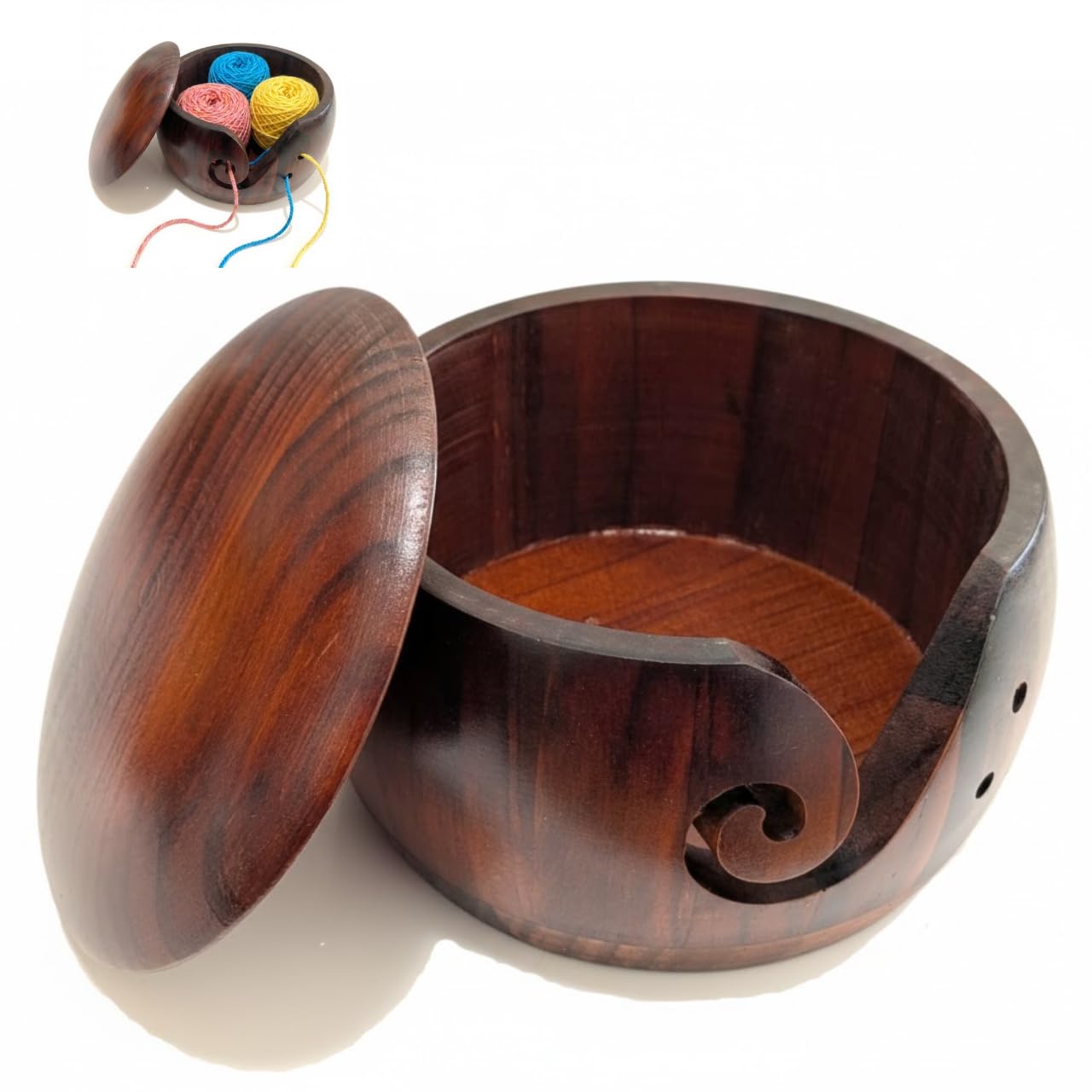 

Yarn Bowl with Yarn Storage Yarn Wooden UME-STAR Lid, Tool, Holder, Knitting, Handicraft, Portable, (Brown)