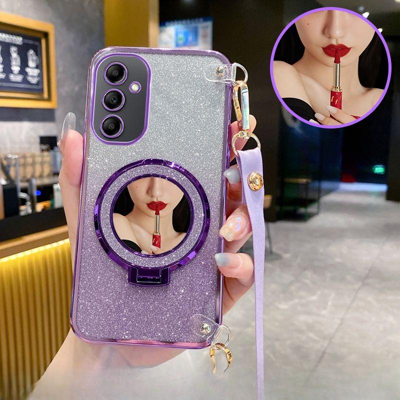 

Кейс с покрытием, шнурком через плечо, зеркалом, магнитной подставкой для Samsung Galaxy A14 A24 A34 A54 A15 A25 A35 A55 A05 A05S 5G A54 5G фиолетовый