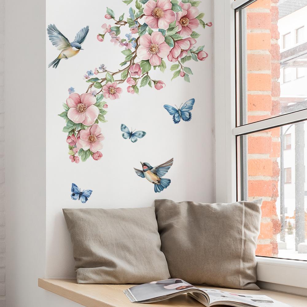Fiori di Pesco ad Acquerello Rami Foglie Uccelli Farfalle Camera da Letto Soggiorno Abbellimento e Decorazione Casa, Adesivi Murali