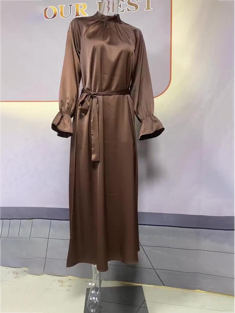 2023 Autumn Solid Color Satin Long-Sleeve Loose Dress with Belt for Women