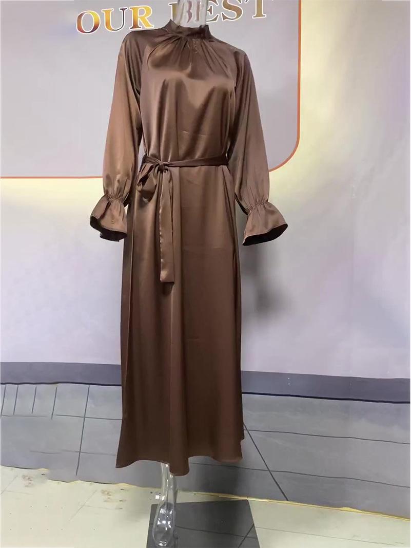 

2023 Осень Однотонное Сатиновое Платье С Длинным Рукавом Свободного Кроя с Поясом для Женщин L кофейный