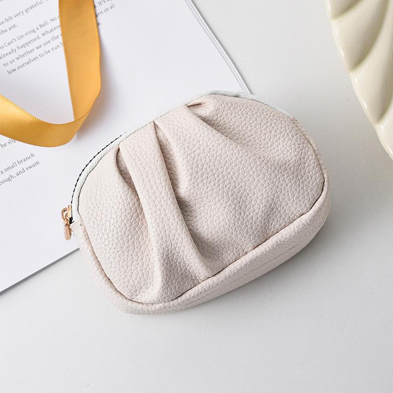 PU Leather Ruched Double-Zip Metal Keyring Multi- Coin Purse Key Pouch