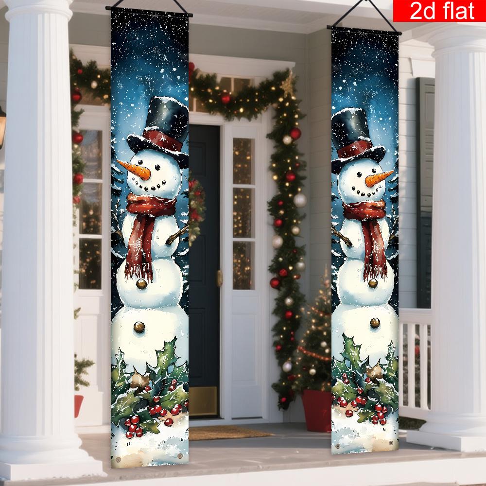 Merry Christmas Porch Sign Snowman Couple 1 Pair Polyester Indoor Outdoor Decor