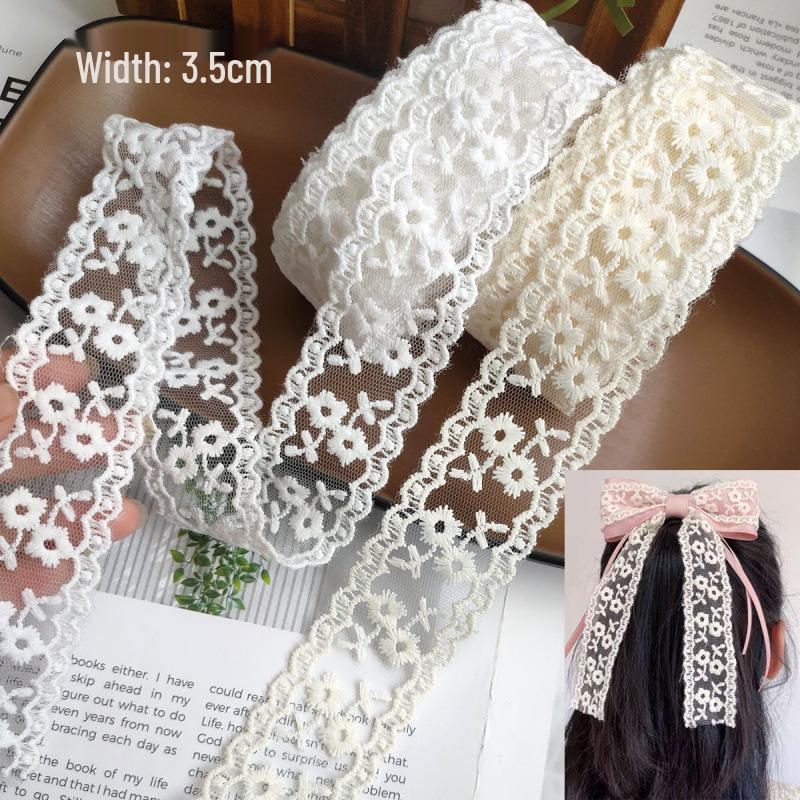 Beige 4cm Embroidered Lace Trim Bow for Hair Accessories, Lolita Ornaments, Bouquet Decoration, Ribbon Craft.