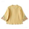 Women's Vintage Inspired Loose Fit Embroidered Mandarin Collar Button Front Cotton Linen Blouse With Three Quarter Sleeves