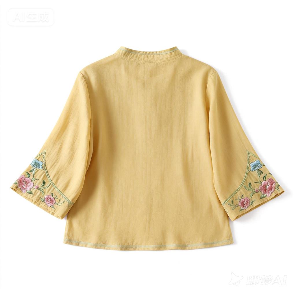 Women's Vintage Inspired Loose Fit Embroidered Mandarin Collar Button Front Cotton Linen Blouse With Three Quarter Sleeves