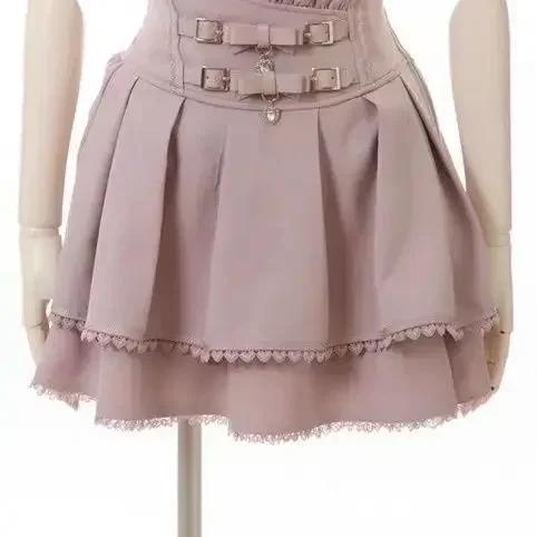 Japanese Sweet Lolita Style Mini Skirt Women Elegant Lace Bandage Party Cake Skirts Female Gothic Y2k Metal Buckle Skirt