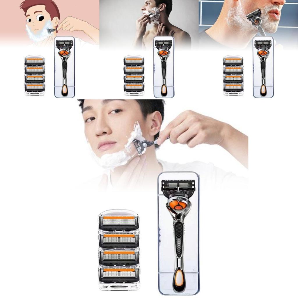 Innowacyjna maszynka do golenia z pięcioma ostrzami dla panów w stylowej pomarańczowo-czarnej kolorystyce