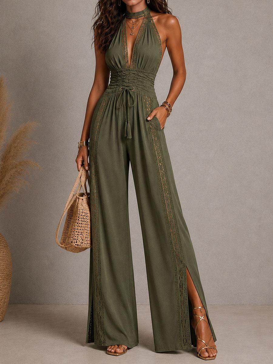 Sieviešu kakla piegriezuma jumpsuit ar dziļu