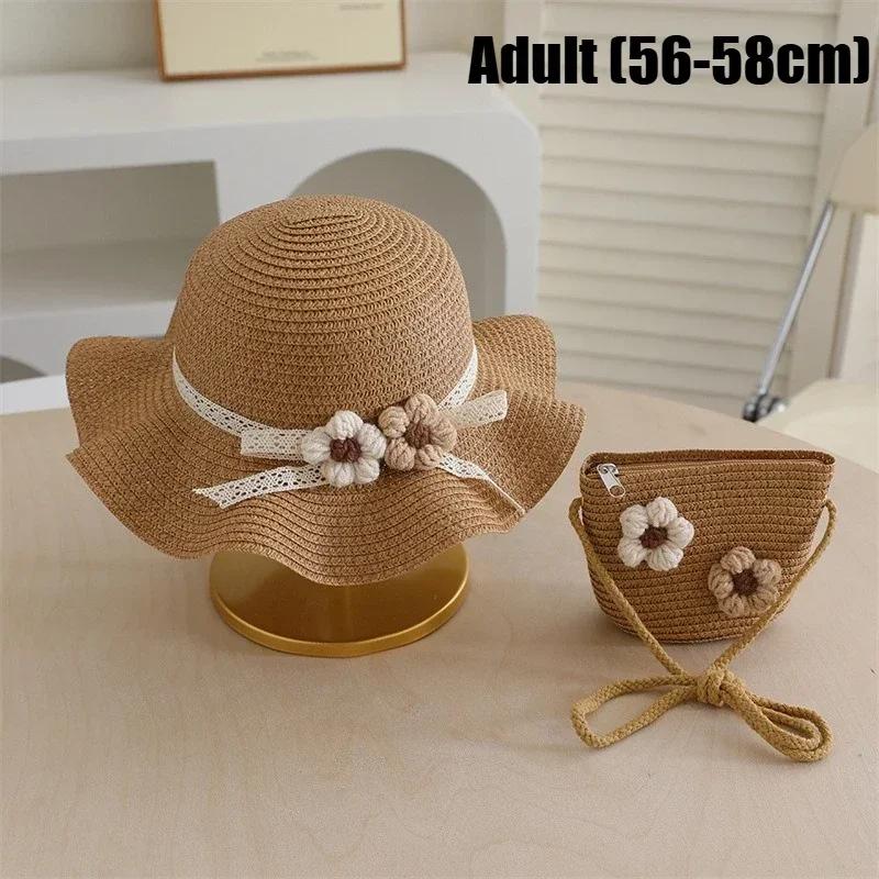Summer Straw Hat and Bag Set for Girls 3D Flower Lace Bow Wide Brim Fisherman Cap and Crossbody Bag Cute Children's Sun Hat