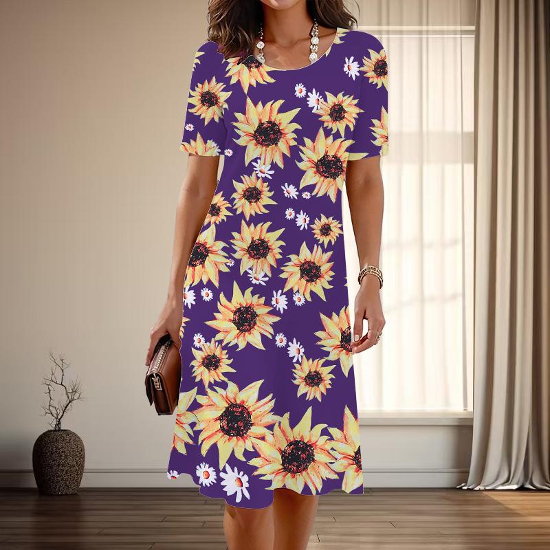 

Женская мода изящный подсолнух принт лето весна короткий рукав О-образный вырез повседневные платья 8XL фиолетовый