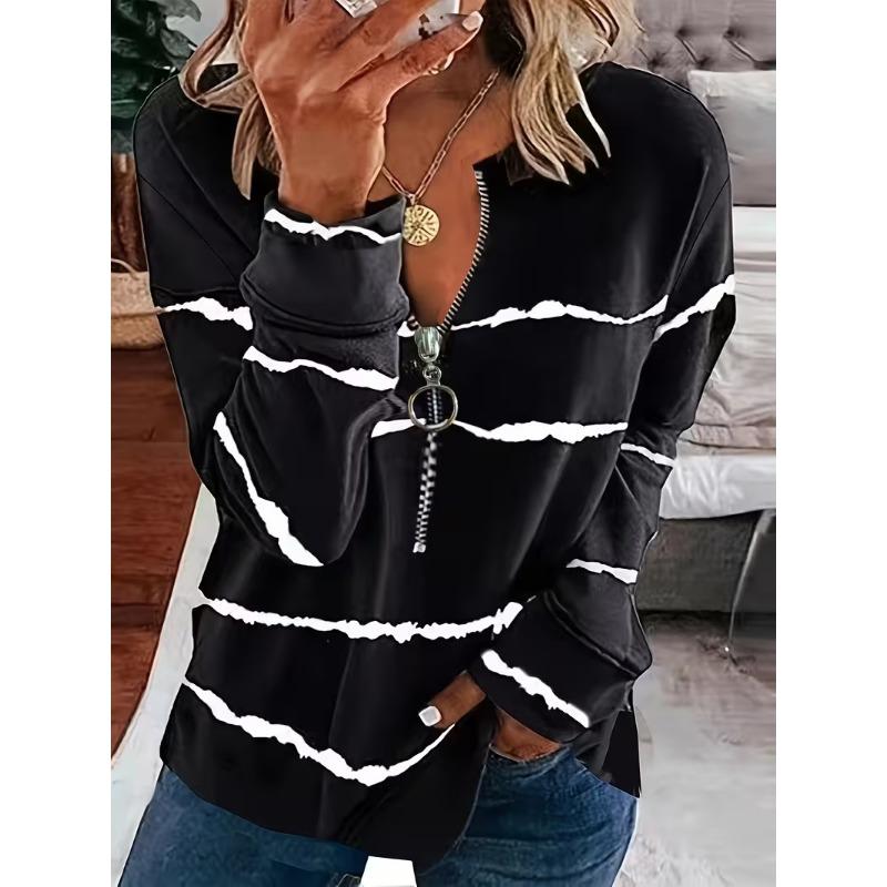 Women's spring and autumn fashionable long-sleeved zipper T-shirt - 3D full body digital printing design party wear