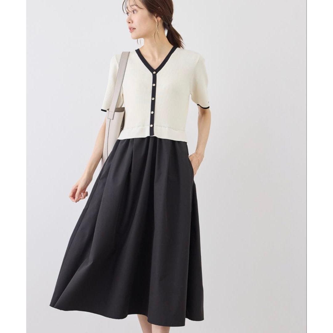 Metal button fabric docking half sleeve knit dress M