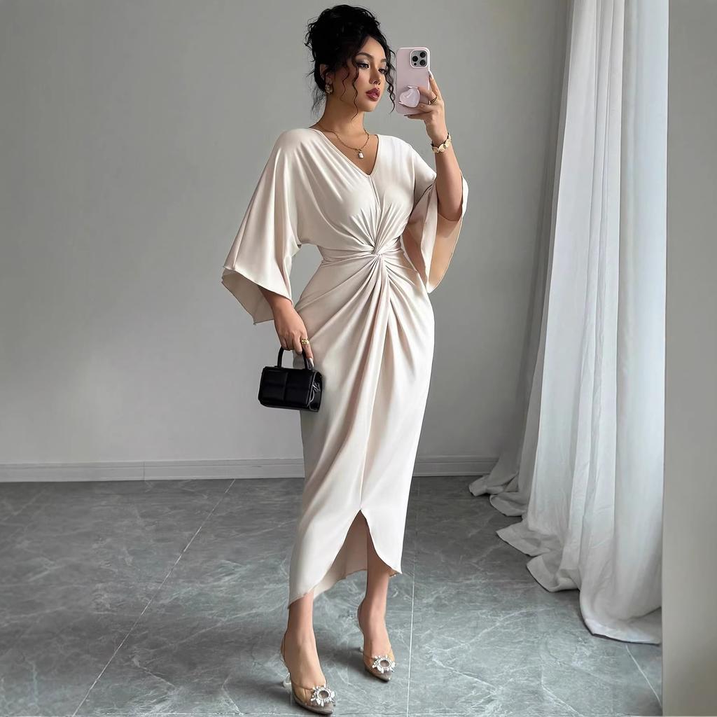 Summer New Style Pure Erotic and Laid-back Lace-up Knot-cut Waist Cinched Figure-hugging Sexy V-neck Dress