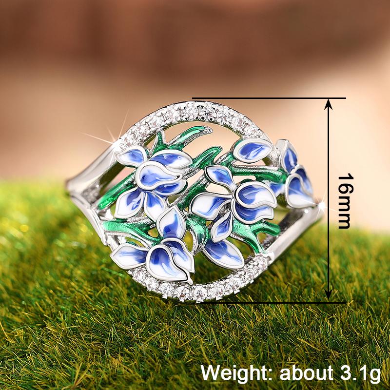 Huitan Bouquet Design Women Ring Blue Flower Fresh Style Elegant Accessories Versatile Metal Jewelry Inlaid Shiny CZ for Party