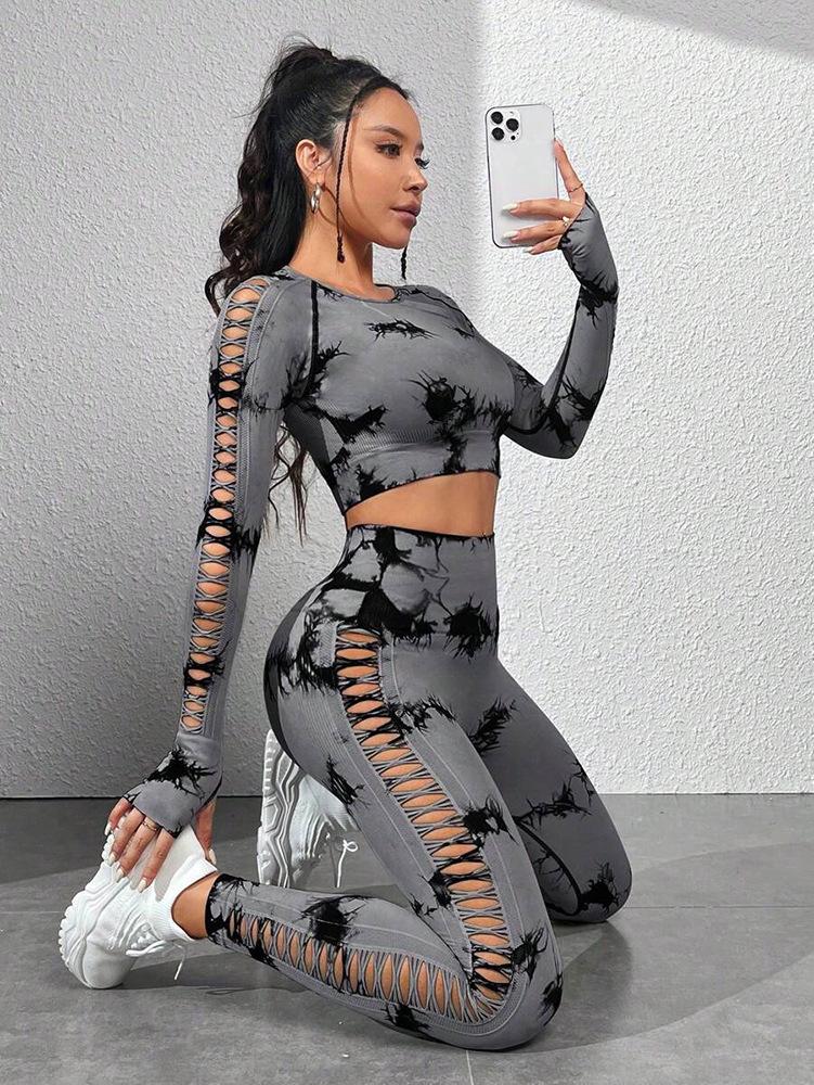 European American Tie-Dye Butt-Lift Yoga Set: Long Sleeve, Seamless Fitness Clothing with Hollow Out Design