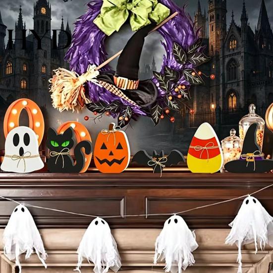 Wooden Halloween Decorations 6Pcs Tiered Tray Decor, Ghost Black Cat Mummy Figurines, Pumpkin Witch Set Hat Bat Ornaments for Shelf Table, Party