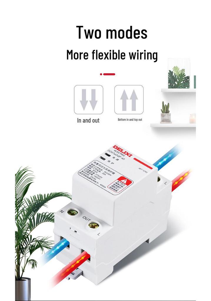 Delixi DZ47sGQF Self-Resetting Household Over/Under Voltage Protector, 2P Single-Phase 1P+N, Top In/Bottom Out, 40A/63A.