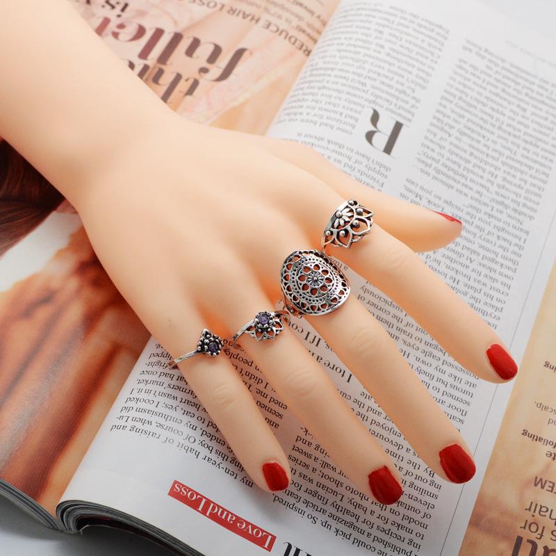 Bohemian Retro Gemstone Ring Exaggerated Hollow Totem Four-Piece Ring
