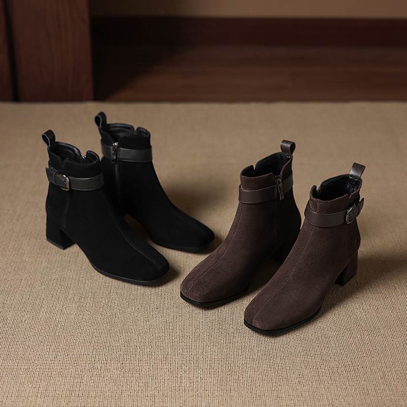 Krazing Pot Cow Suede Nubuck Square Toe Thick Heels Chelsea Boots Size 42 Zip Beauty Lady Women Ankle Boots