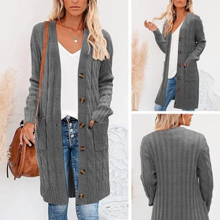 Button Up Knitting Jacket Women Sweater Cardigan Solid Color V Neck Long Sleeve Twist Texture Tops with Pockets