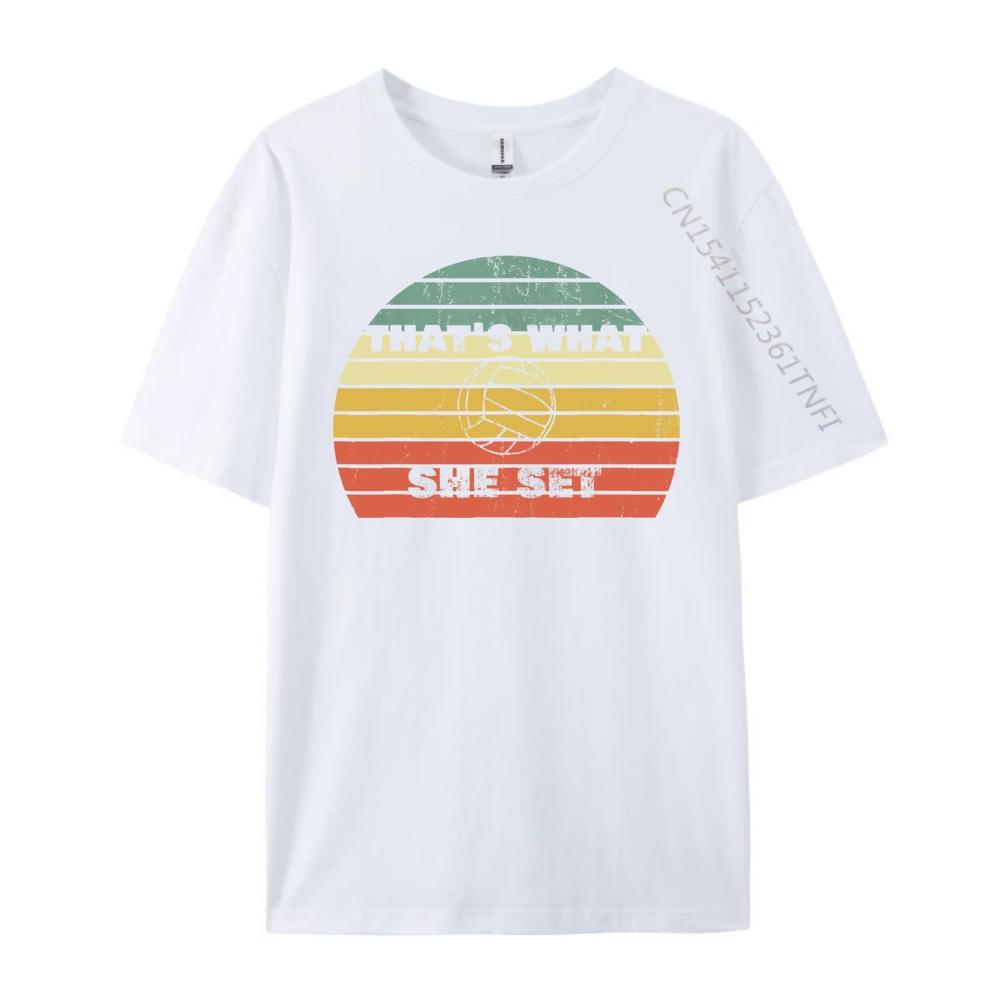 Lustiger Volleyball-Wortwitz Thats What She Set Vintage Retro Sonnenuntergang Grafik T-Shirts Herren Baumwoll-T-Shirt Herren