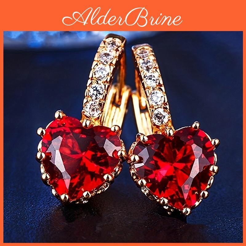 Gold Yellow Rose Color Heart Shaped Red Crystal Earrings Gift For Women Fashion Jewelry Gifts