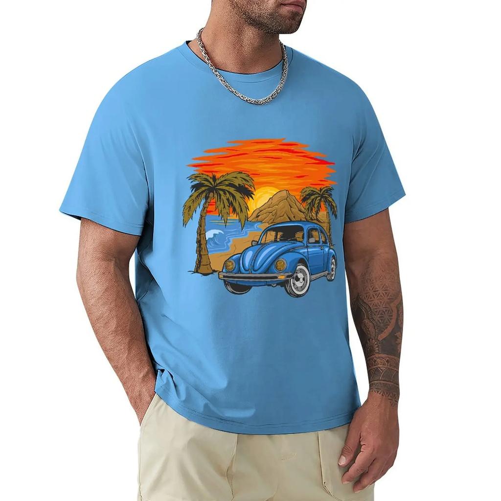 Holiday Vintage Car With Sunset In The Beach T Shirt Harajuku Short Sleeve T-shirt 100% Cotton Graphics Tshirt Tops