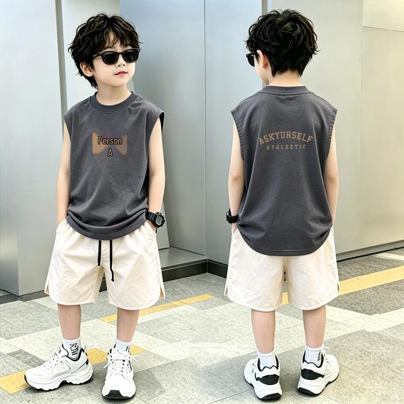 Boys' Trendy Cotton Sleeveless Vest & Shorts Set - Summer Two-Piece for Medium and Large Children