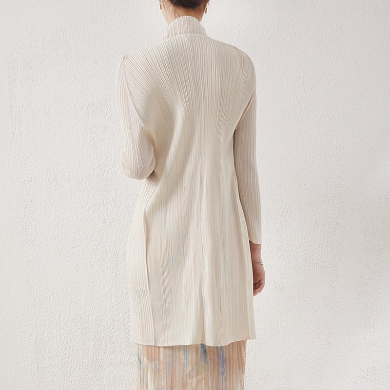 2024 Frühling Damen Midilanger Miyake Zahnstocher Cardigan - Langärmelig, Lässige lockere Passform, Plissierte Oberbekleidung