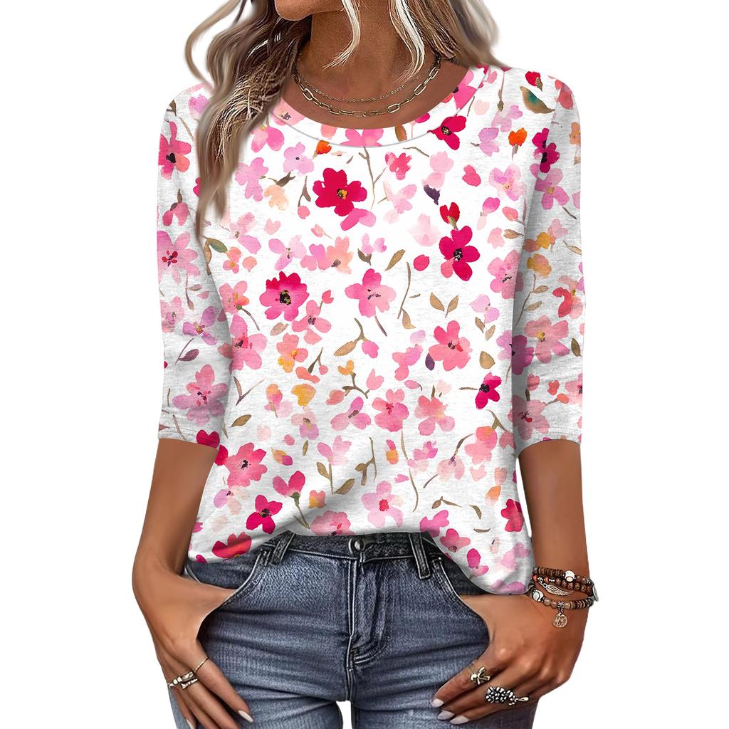 Women's Fashion Casual Round Neck 3/4 Sleeve Loose  Printed T-Shirt Ladies Top