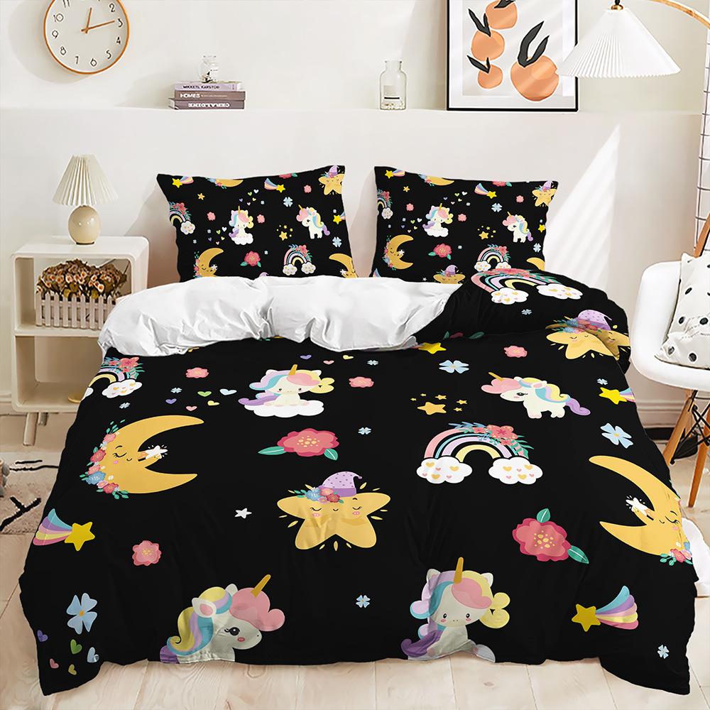 Cartoon Unicorn Bedding Set King Queen Size Rainbow Unicorns Duvet Cover Set with Pillowcase Polyester Bed Linen for Kids Girls