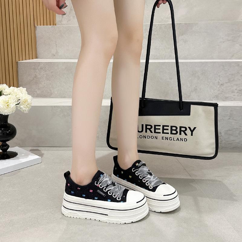 Thick-soled Heightening Canvas Shoes, Female Students' Versatile Little White Shoes 2025 New Ins Korean Version of Trendy Bag Head Casual Shoes