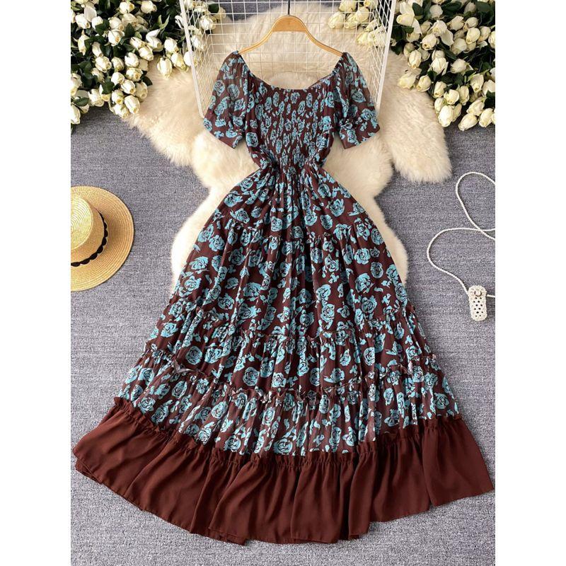 Tea Break French Style Fancy Floral Dress Women's Summer Stylish Waist-Tight Seaside Vacation Style Fairy Long Skirt