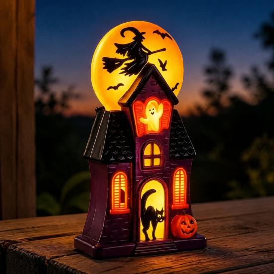 Witch Moon Glow Lanterns Halloween Haunted House Blow Mold Light, Vintage Pre-Lit Mansion Decor with Glowing Style Molded Ghost Black Cat, Indoor