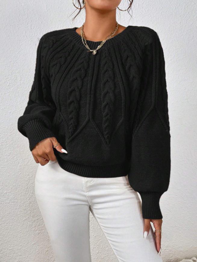 Women's Round Neck Cable Knit Sweater - Long Sleeve, Solid Color, Autumn Winter Versatile Pullover.