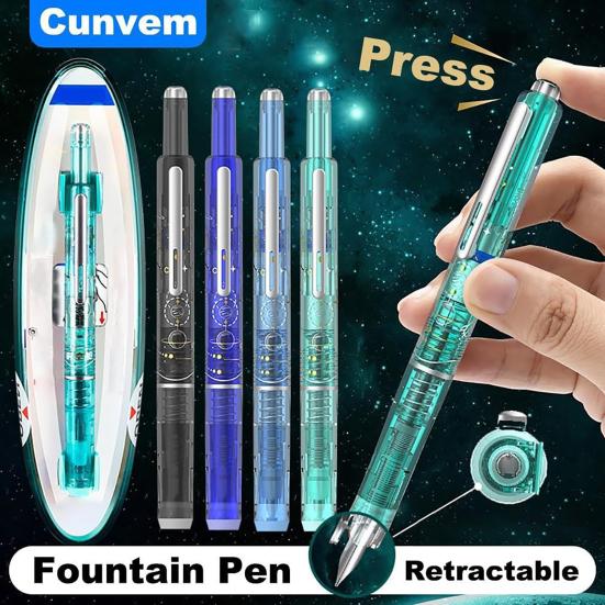 Fountain Pen Retractable 0.38mm Blue Ink Transparent Barrel Fine Nib Fountain Pen