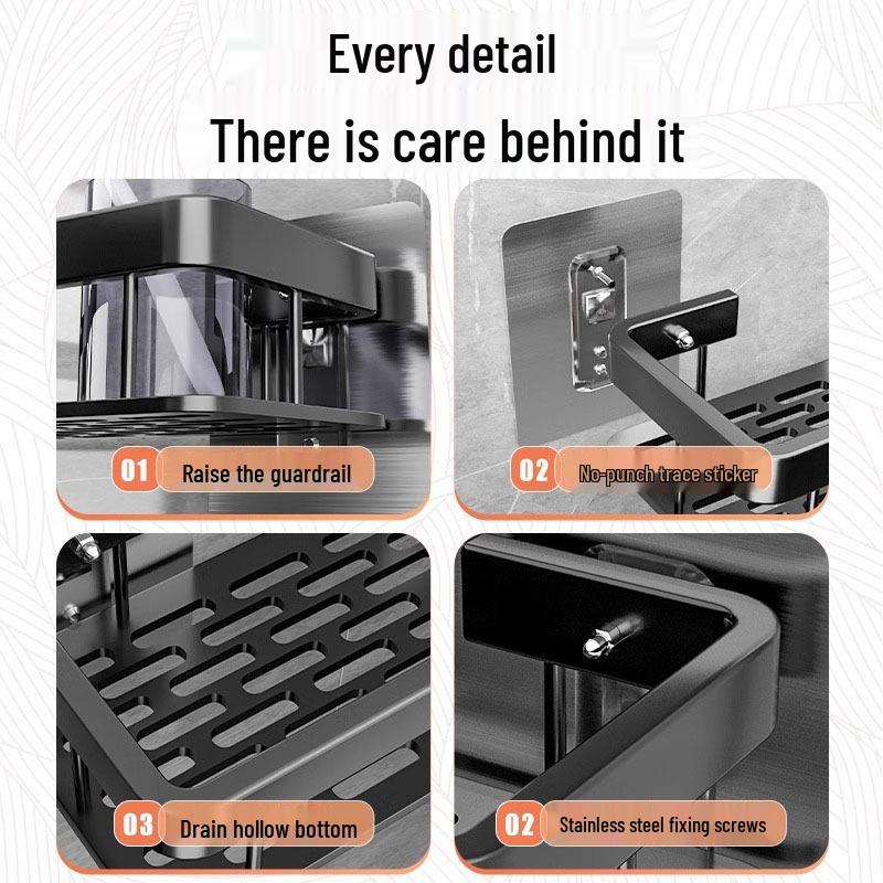 No-Drill Wall-Mounted Bathroom Storage Rack - Aluminum Nail-Free Shelves