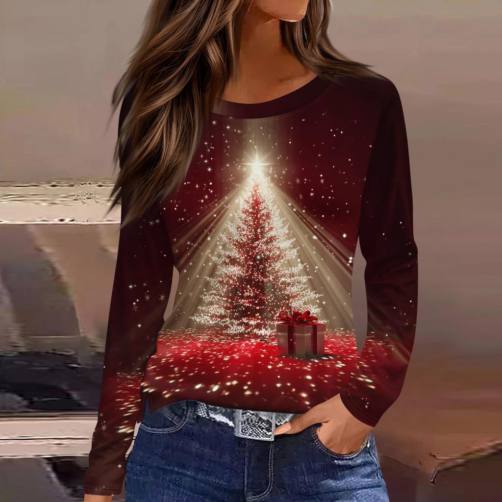 Women's Fashion Casual Slit Hem Round Neck Long Sleeve Loose Christmas Printed T-Shirt Ladies Top