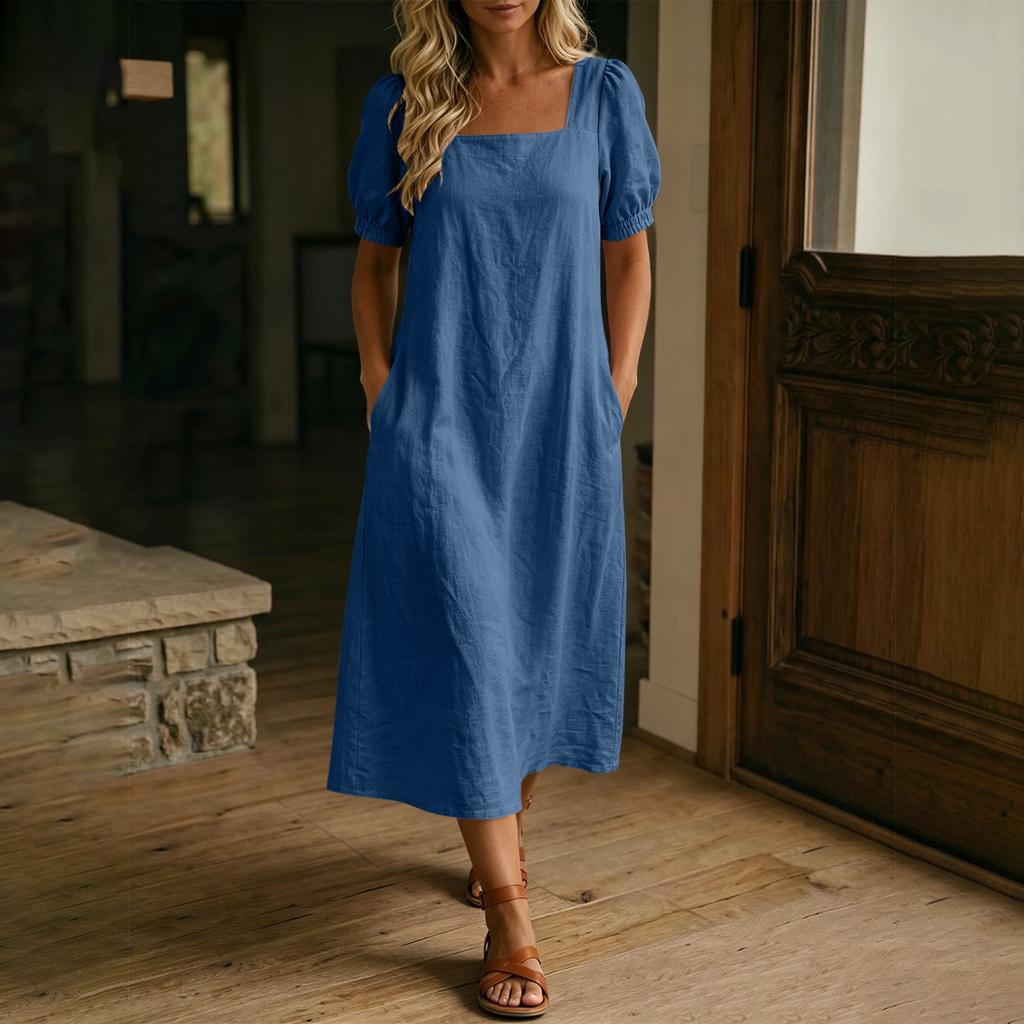 Women Casual Solid Color Square Neck Short Sleeve Linen Cotton Blend Midi Dress with Pockets Lightweight Summer Dress