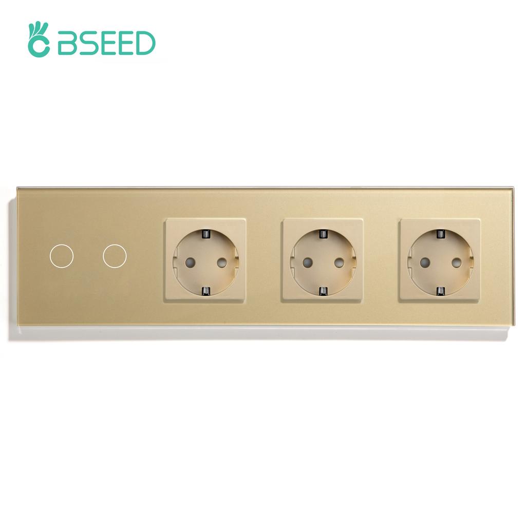 BSEED 1/2/3Gang Touch Switch 1Way Plus Triple Wall Sockets EU Standard Blue Backlight Glass Panel 299mm