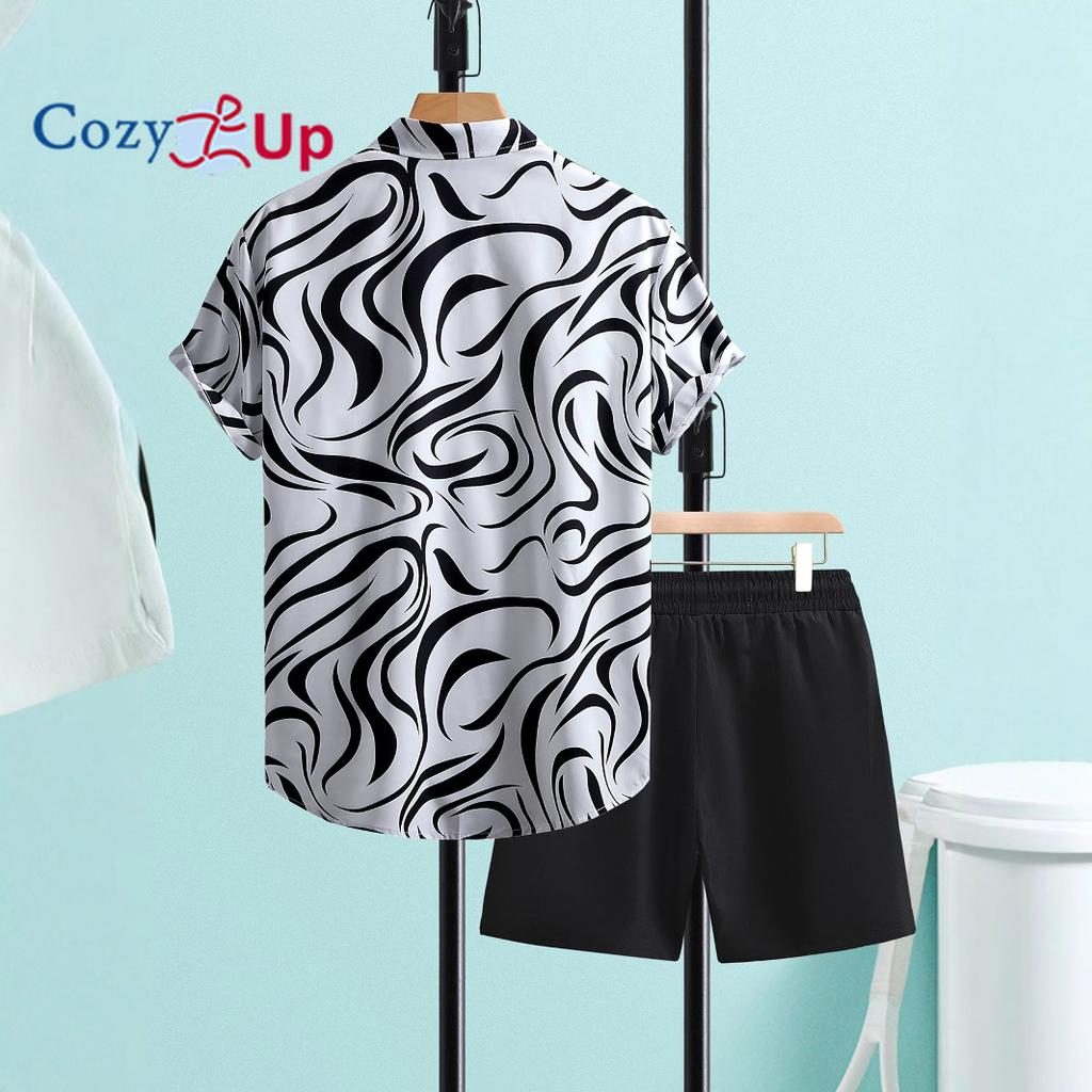 Casual Men's Black Stripe Printed Men's Short Sleeve Shirt Shorts Set Men's Shirt Summer 2025 New