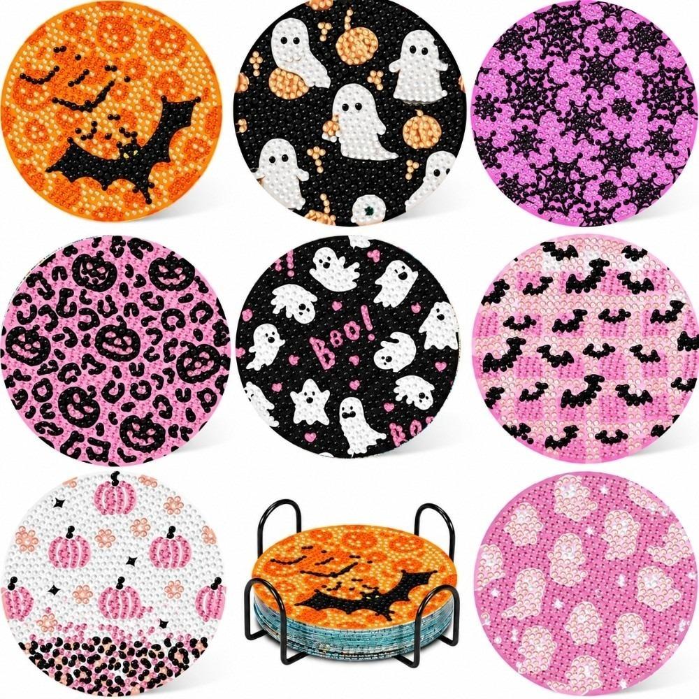 8Pcs with Metal Stand Round Art Coasters Entry-level Coaster Kit DIY Painting Coasters Gift