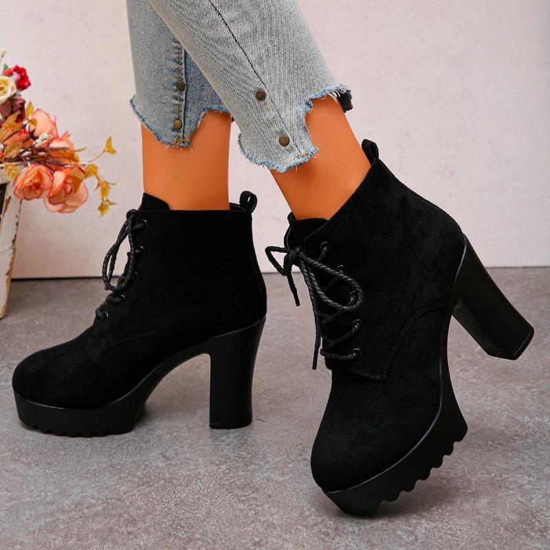 Block Heel Booties Women's  Fall/Winter Round Toe Lace-up Suede Skinny Platform Heels