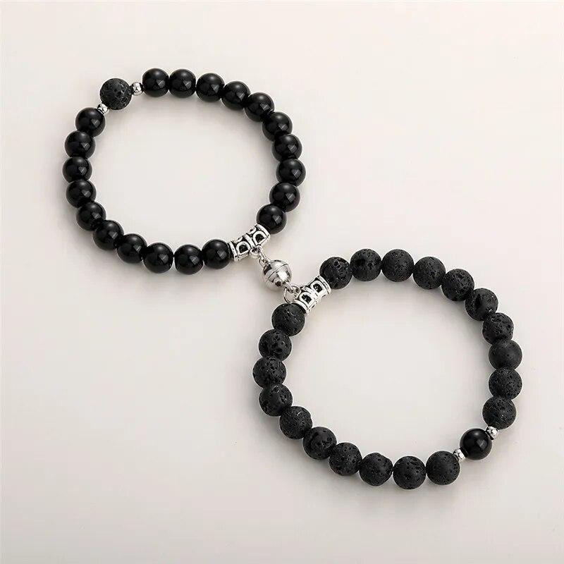 Trendy Couple 2Pcs/Set Natural Stone Beads Love Heart Magnetic Bracelet For Women Men Charm Peach Beaded Bracelets Jewelry Gifts